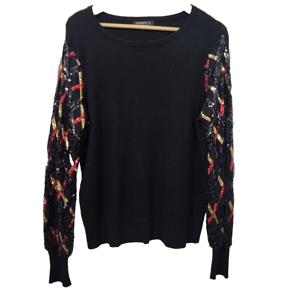 Joseph A. Sequin Mixed Media Sweater Black Balloon Sleeve Stretch Knit Womens L